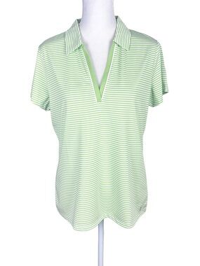 IZOD Golf Women's Lime Green White Striped Short Sleeve Polo Shirt V-Neck Large